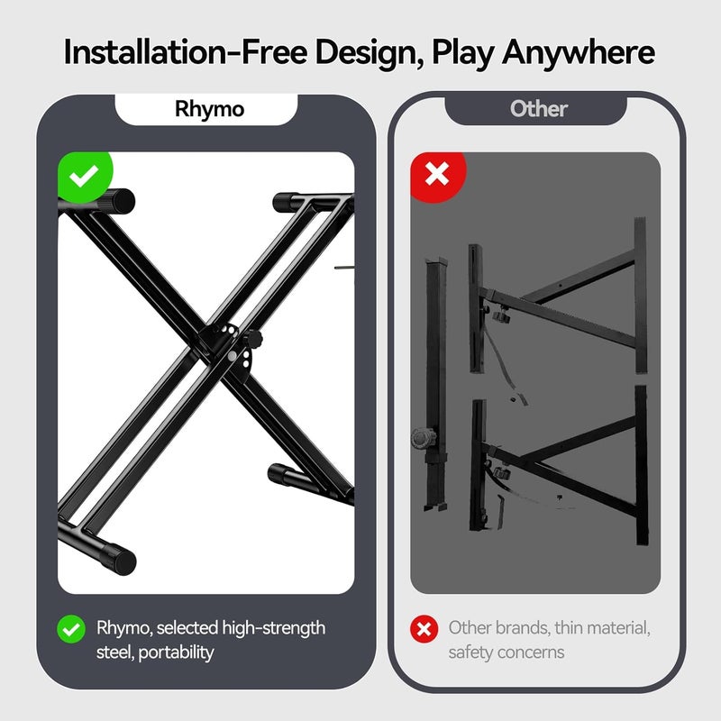 Rhymo Keyboard Stand Double-X, Heavy-Duty, Pre-Assembled Piano Stand for Kids and Adults, 8 Adjustable Digital Piano Stand with Locking Straps Fits 54 61 88 - Image 3